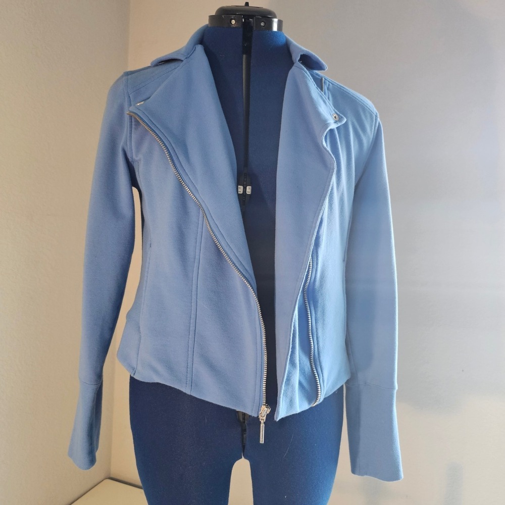 H by Halston Blue Moto Jacket Asymmetrical Zip Ribbed Trim Cotton Blend Size 10